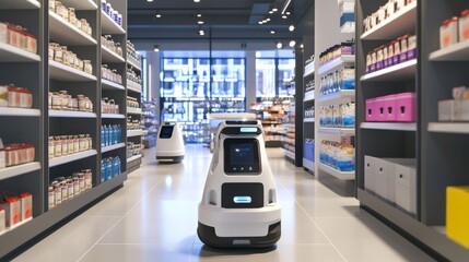 An advanced robotic retail store with automated checkout and inventory robots, Urban style, photo of