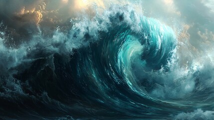 A large, powerful wave crashes in the ocean, with a stormy sky above.