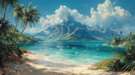 Naklejka premium Tropical Paradise: Tranquil Beach with Majestic Mountains