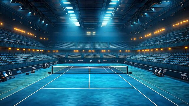 A blue tennis court inside an empty stadium with no people,