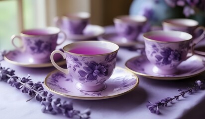 Fototapeta premium purple tea cups and saucers are sitting on a table