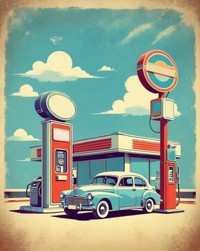 Car gas station in retro style. Classic car with gas station. Smooth JPEG version of a vector illustration.