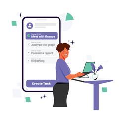 Vector of happy female standing using laptop managing her task