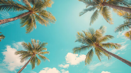 Fototapeta premium A serene view of palm trees against a bright blue sky with fluffy clouds.