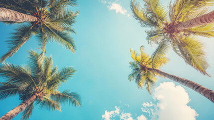 A serene view of palm trees against a bright blue sky with fluffy clouds.