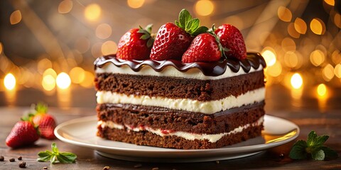 Chocolate Cake with Cream and Strawberry Garnish, Served on a White Plate and Decorated with Fresh Mint Leaves