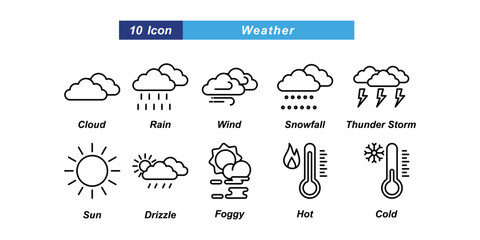 set of 10 outline  weather icons such as cloud, rain,wind,snowfall, thundershower,sun, drizzle,foggy,hot temperature and cold temperature. perfect us,web design,print,mobile apps,etc.