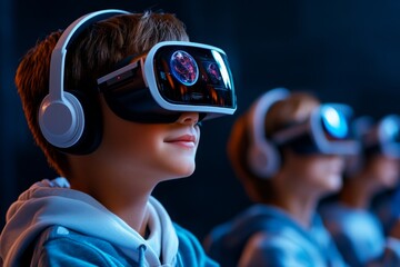 Futuristic online classroom with holograms, where students interact with 3D models of planets or historical figures during a lesson