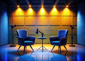 Modern Podcast Studio Interior with Silhouette Photography Featuring Two Stylish Chairs for Interviews and Recordings in an Engaging Atmosphere