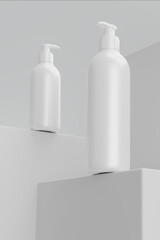 Two white bottles with pumps standing on a white platform, use for mockup design