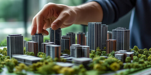 Architect placing building on miniature model of city