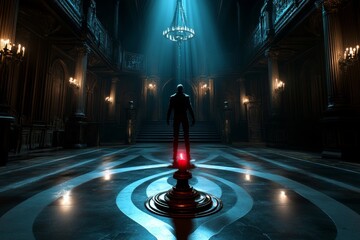 Gothic-themed social distancing in a haunted mansion, with eerie figures standing apart, shadows looming between them, and flickering candles lighting the room