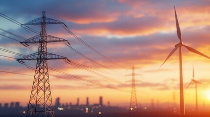 Industrial Power Lines and Turbines at Sunset