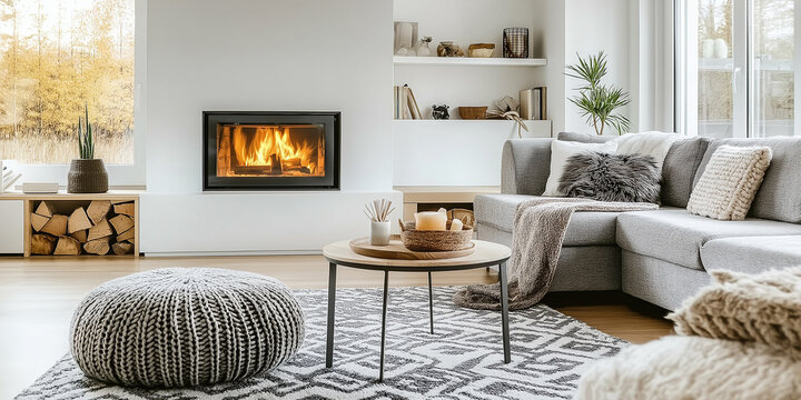 Modern interior living room burning fireplace cozy design