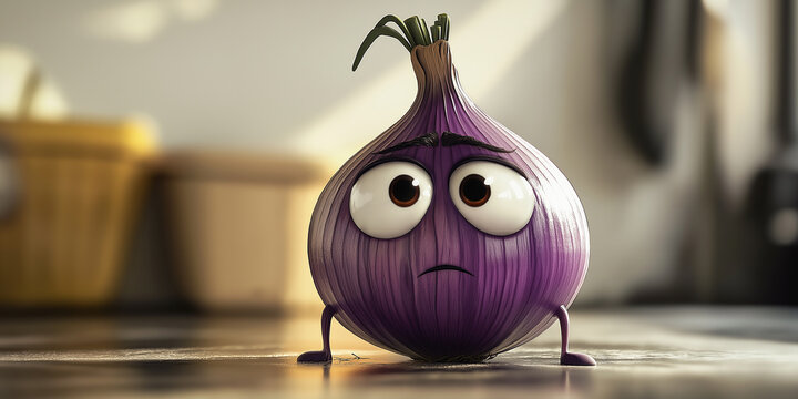 Sad purple onion character standing on kitchen countertop