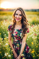 Cheerful Hispanic woman smiling radiantly in wildflower field
