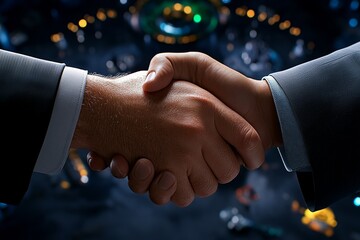 Hyper-realistic close-up of a professional shaking hands with a client, with every detail of the handshake and facial expressions captured to show trust and collaboration