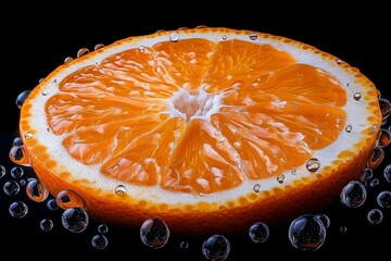 Hyper-realistic close-up of an orange slice, with every drop of juice and texture of the fruit&acirc;&euro;&trade;s surface captured in stunning detail