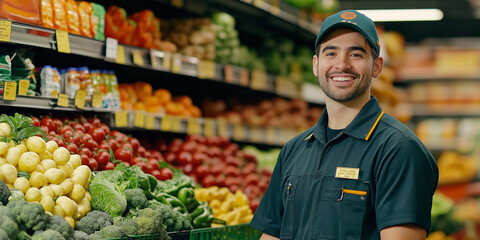 Young supermarket employee is smiling in front of fresh produce