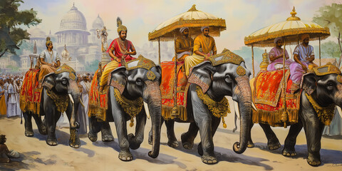 Maharajas riding decorated elephants in procession in india