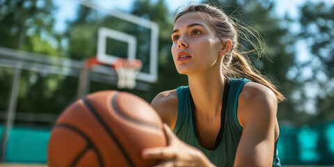 Young female basketball player taking break during training outdoors on a sunny day