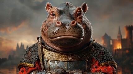 Obraz premium A brave hippo knight the unlikely hero of medieval fantasy realms journeying through adventures and legends