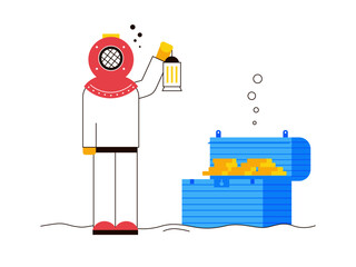 Divers find treasure. Diving illustration. Flat vector illustration