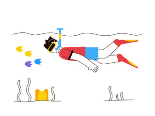Boy does scuba to see underwater fishes. Diving illustration. Flat vector illustration