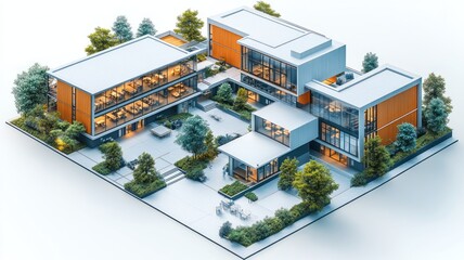 Modern architectural design featuring multiple interconnected buildings.