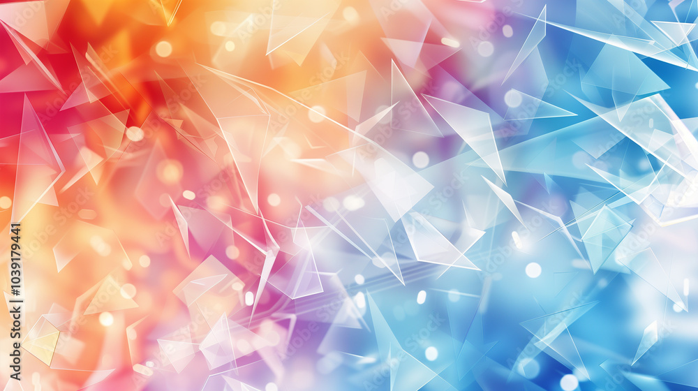 Poster abstract background with floating geometric shards with soft light effects.
