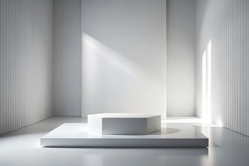 Fototapeta premium Sleek 3D white podium featuring a long exposure effect set against a pristine white wall, perfect for showcasing products and modern design ideas.