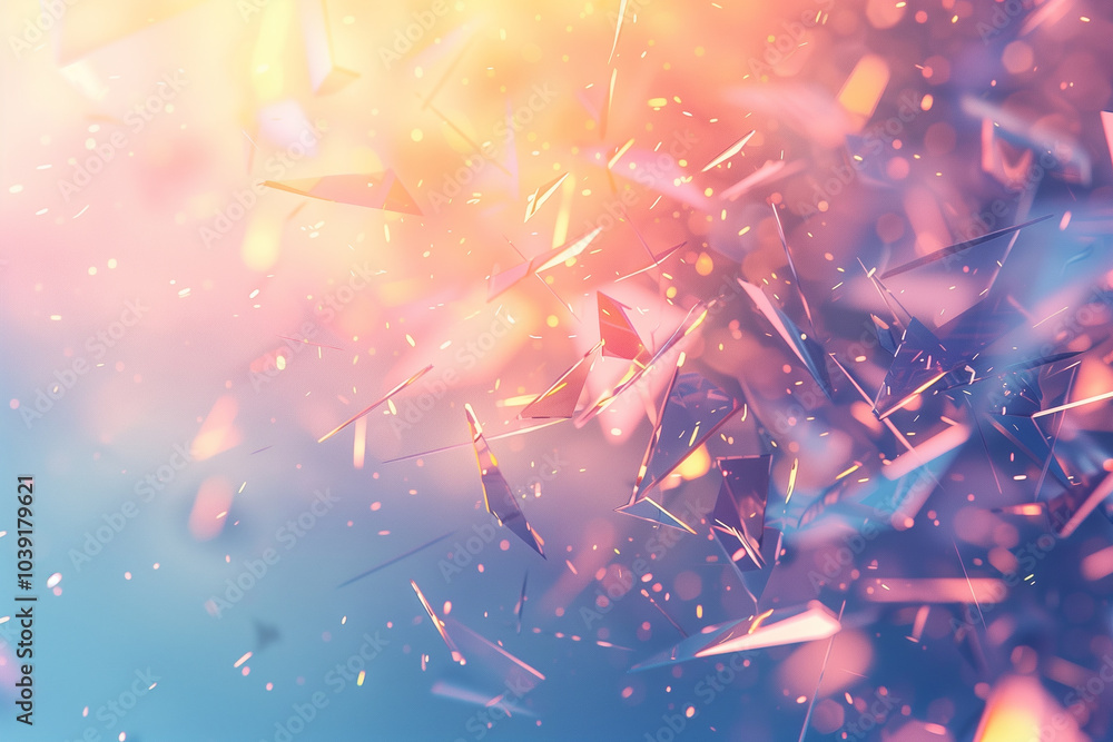 Poster abstract background with floating geometric shards with soft light effects.