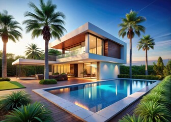 Fototapeta premium Sleek minimalist cubic villa features a sprawling swimming pool amid lush palm trees, perfect for upscale living and unforgettable vacation retreats. Experience ultimate luxury today.