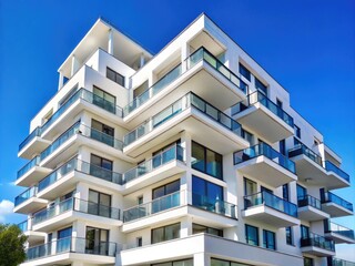 Fototapeta premium Sleek white apartment building contrasts beautifully against a clear blue sky, showcasing modern architectural design, urban aesthetics, and minimalist living in contemporary residential spaces.