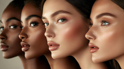 Fototapeta premium A group of diverse women showcasing different skin tones and features in a beauty-focused composition.