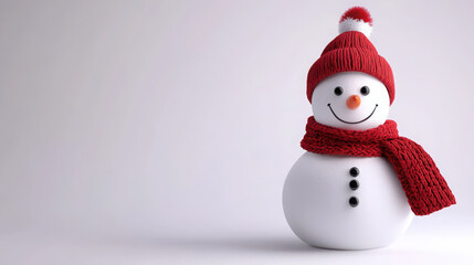 Fototapeta premium A cheerful snowman wearing a red hat and scarf, set against a simple background.