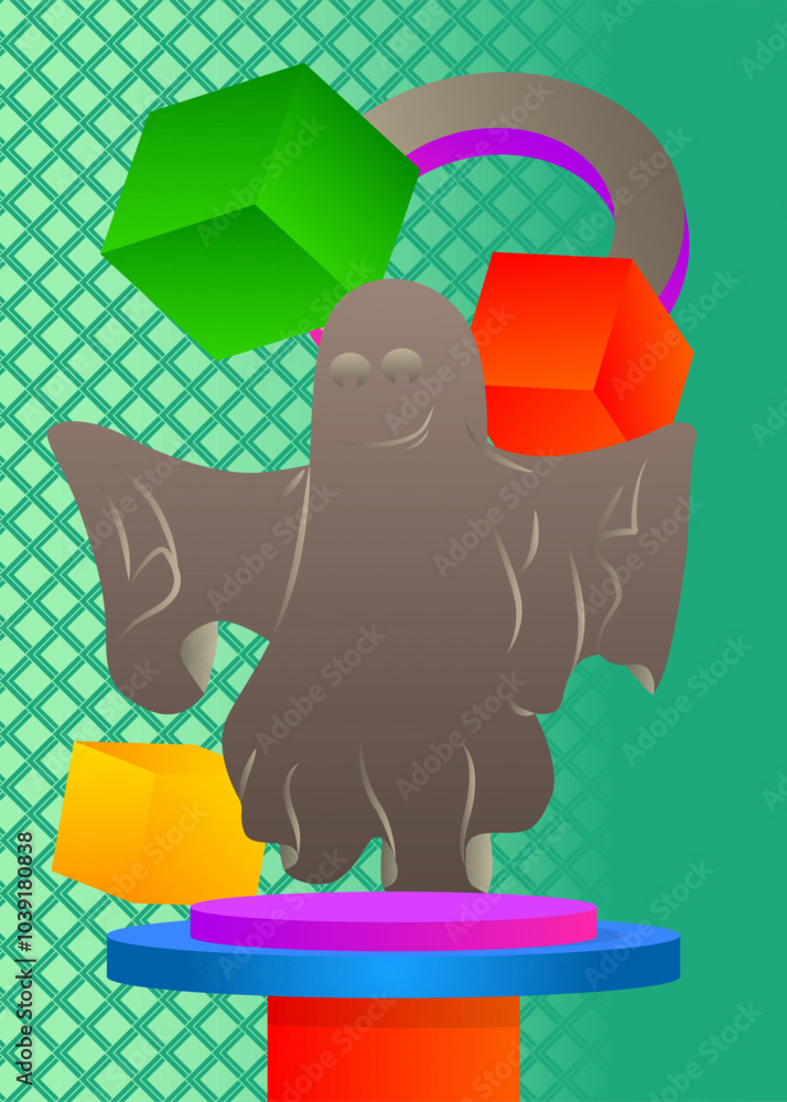 Poster mockup product display with ghost. vector cylinder pedestal podium. stage showcase for halloween pre