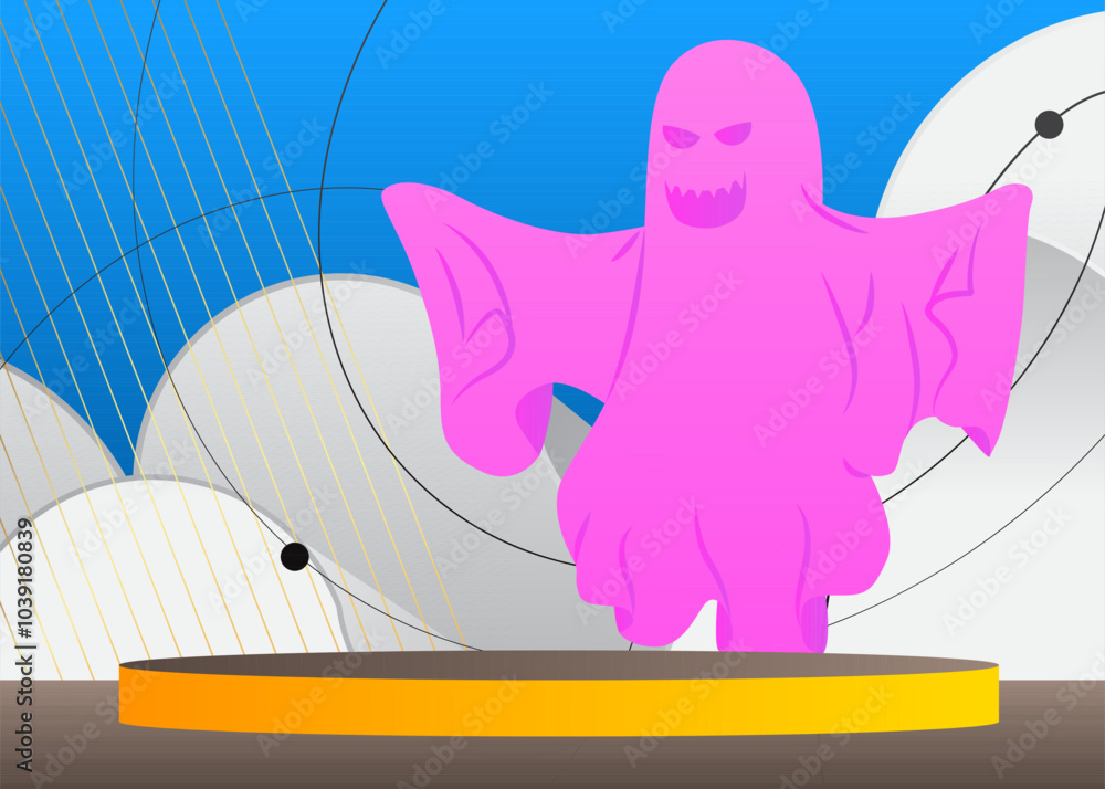 Poster mockup product display with ghost. vector cylinder pedestal podium. stage showcase for halloween pre