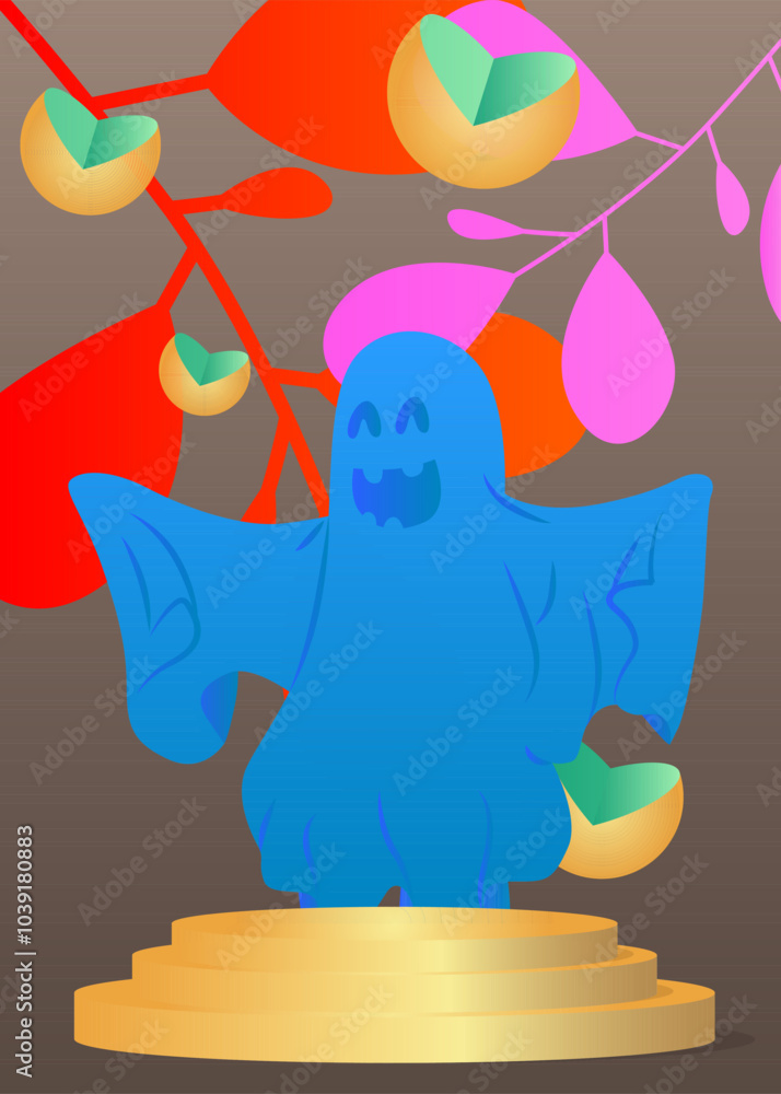 Poster mockup product display with ghost. vector cylinder pedestal podium. stage showcase for halloween pre