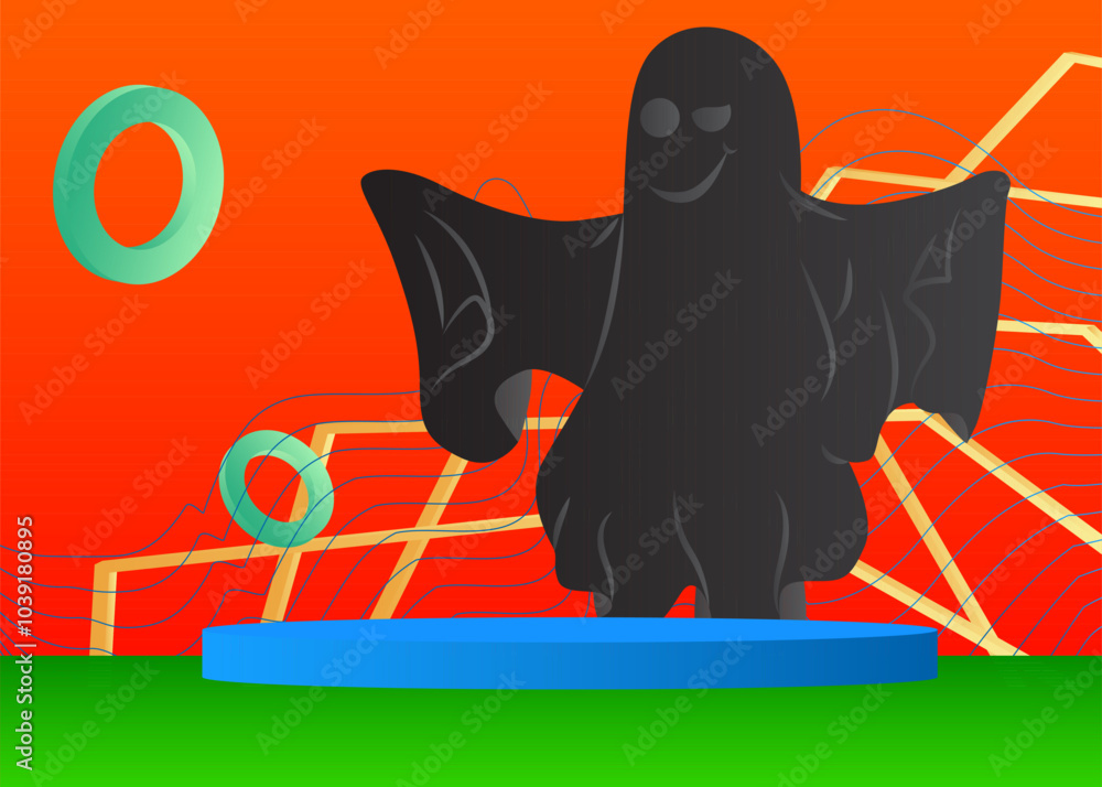 Poster mockup product display with ghost. vector cylinder pedestal podium. stage showcase for halloween pre
