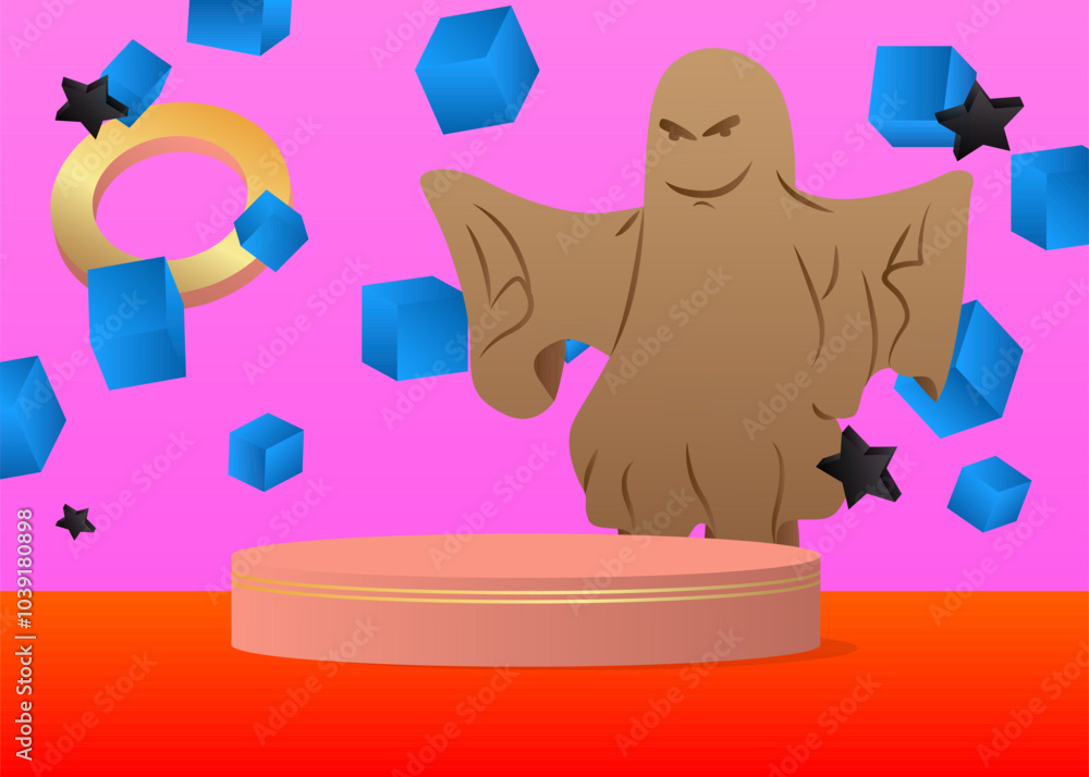 Poster mockup product display with ghost. vector cylinder pedestal podium. stage showcase for halloween pre