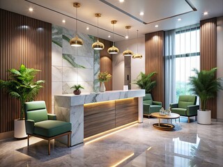 Stylish Minimalist Hotel Lobby Interior for Beauty Salon and Spa with Marble Counter and Elegant Design
