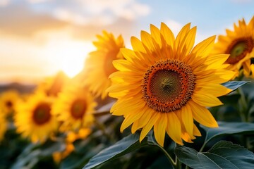 Obraz premium Sunflowers with vivid orange petals, glowing under the afternoon sun in a sprawling field, their heads turned toward the light