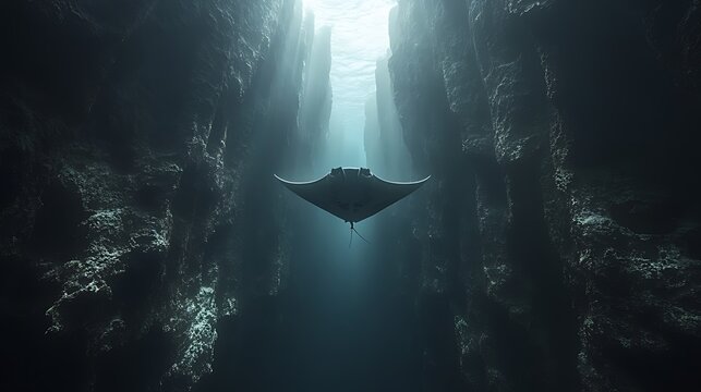 A manta ray swims through a narrow, sunlit crevice in a coral reef.