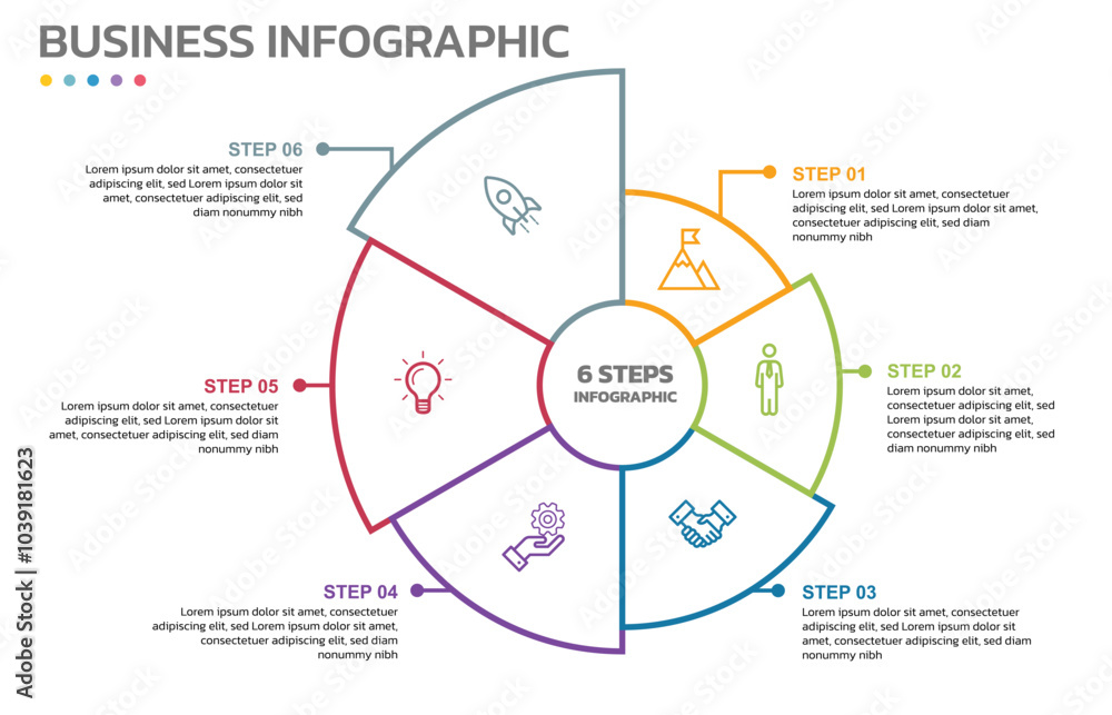Poster Visual data presentation. Cycle diagram with 6 options. Pie Chart Circle thin line infographic template with 6 steps, options, parts, segments.Marketing infographic vector illustration outline style.