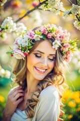 Naklejka premium Cheerful Hispanic woman smiling softly in floral crown in flower garden