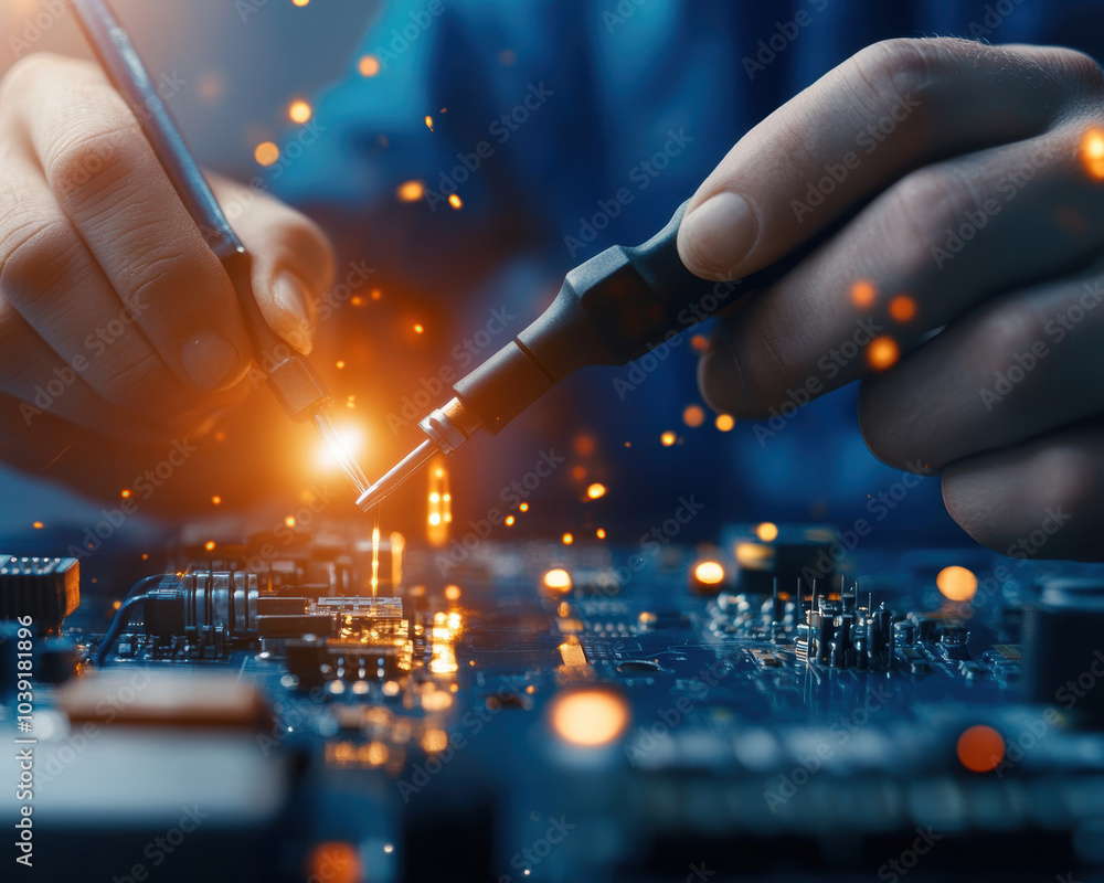 Poster close up of electrician working on circuit board, carefully soldering components with precision. int