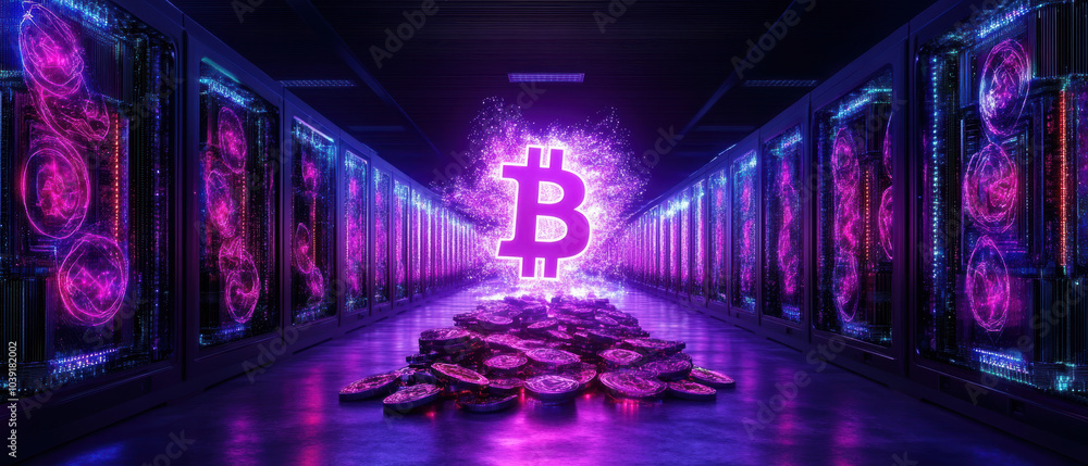 Poster vibrant cryptocurrency mining farm featuring rows of processors and glowing bitcoin symbol surrounde