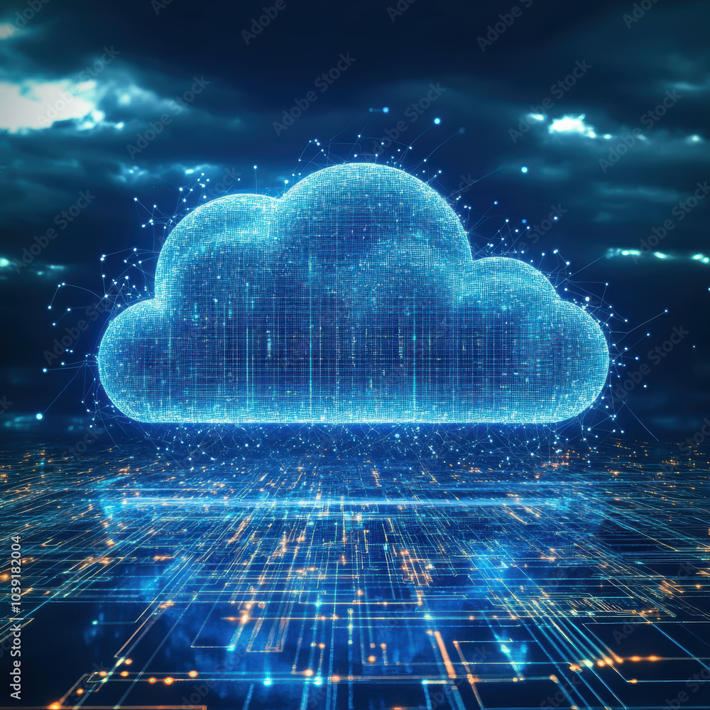 Poster digital cloud symbol representing cloud technology, surrounded by glowing data connections and futur