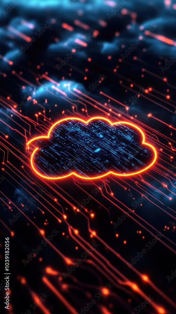 Poster vibrant cloud symbol surrounded by glowing data streams represents concept of cloud computing and di